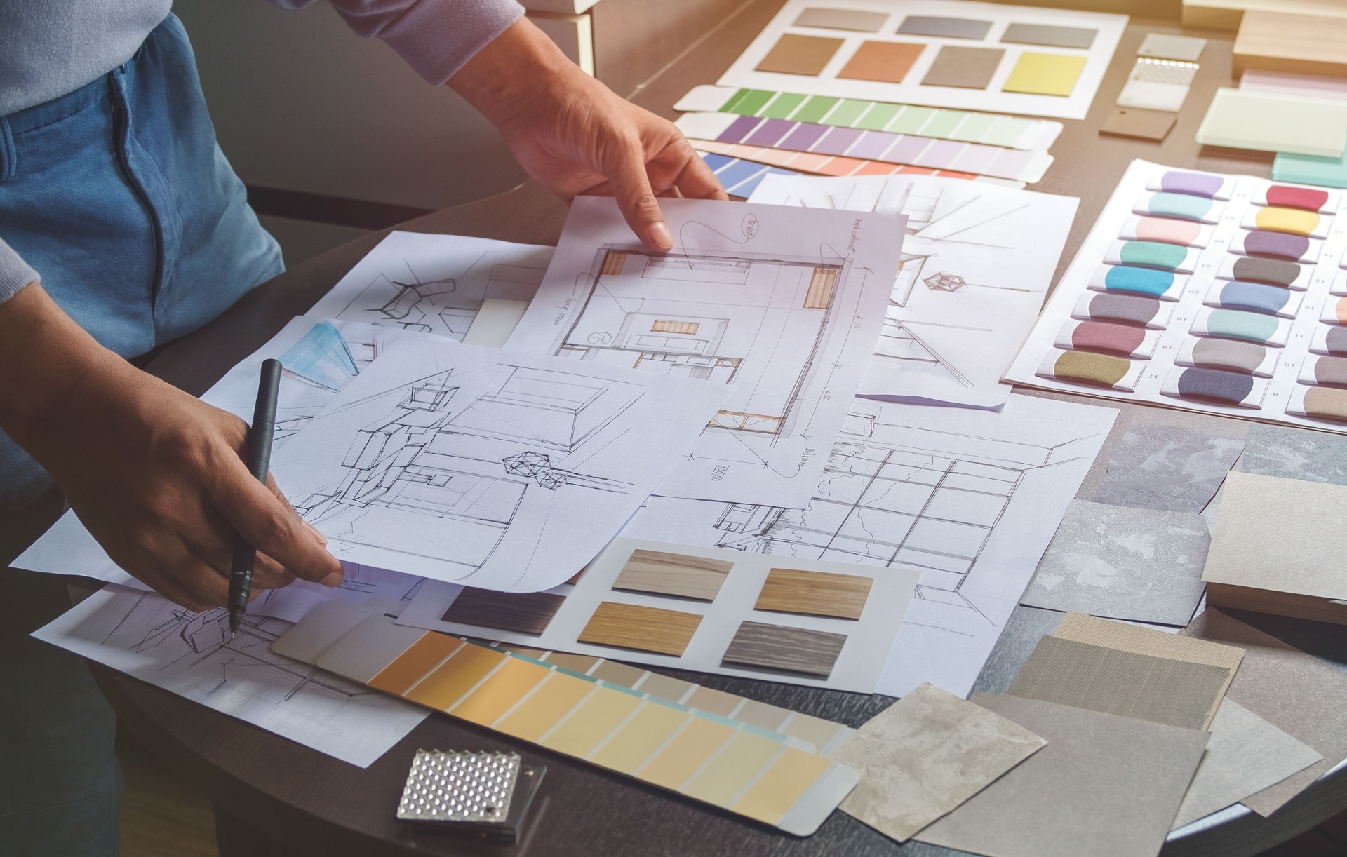 Architect designer Interior creative working hand drawing sketch plan blue print selection material color samples art tools Design Studio